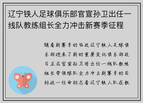 辽宁铁人足球俱乐部官宣孙卫出任一线队教练组长全力冲击新赛季征程